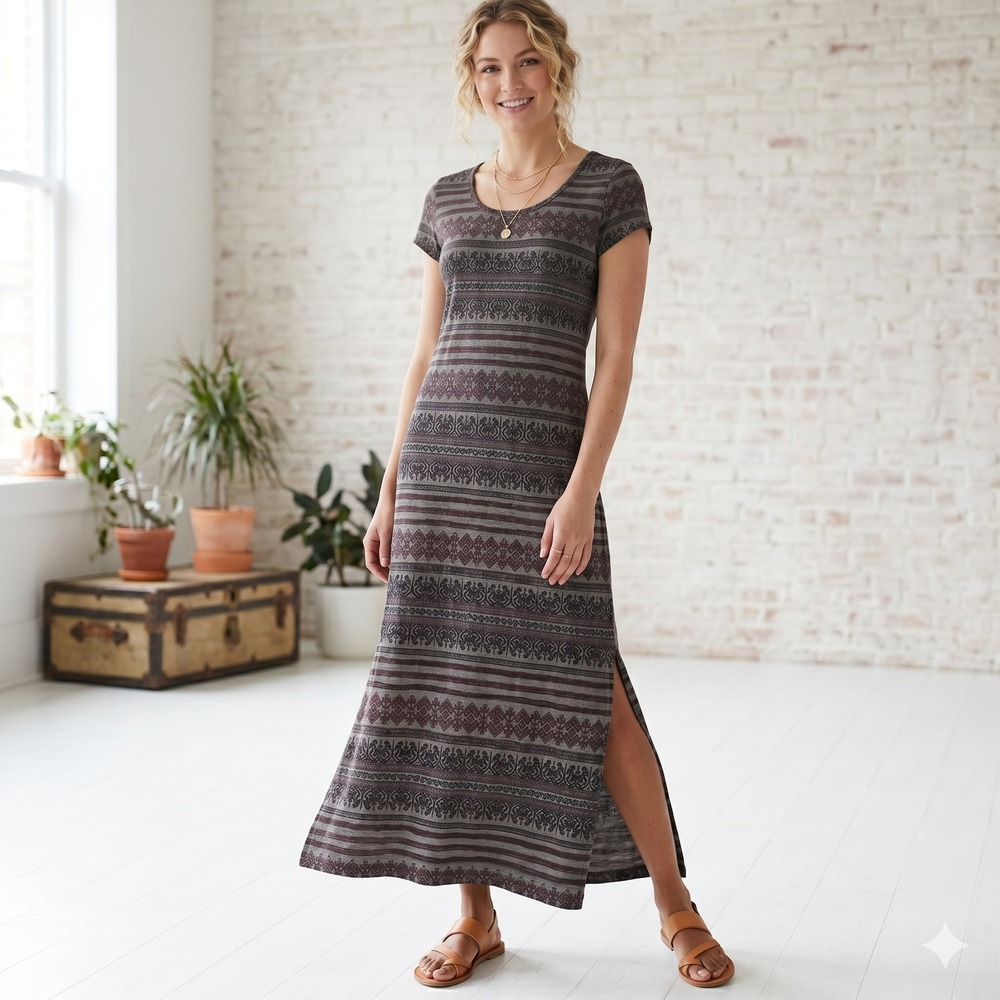 Peruvian‎ Connection Womens Grey Tribal Print Cotton Slub Maxi Dress Size M